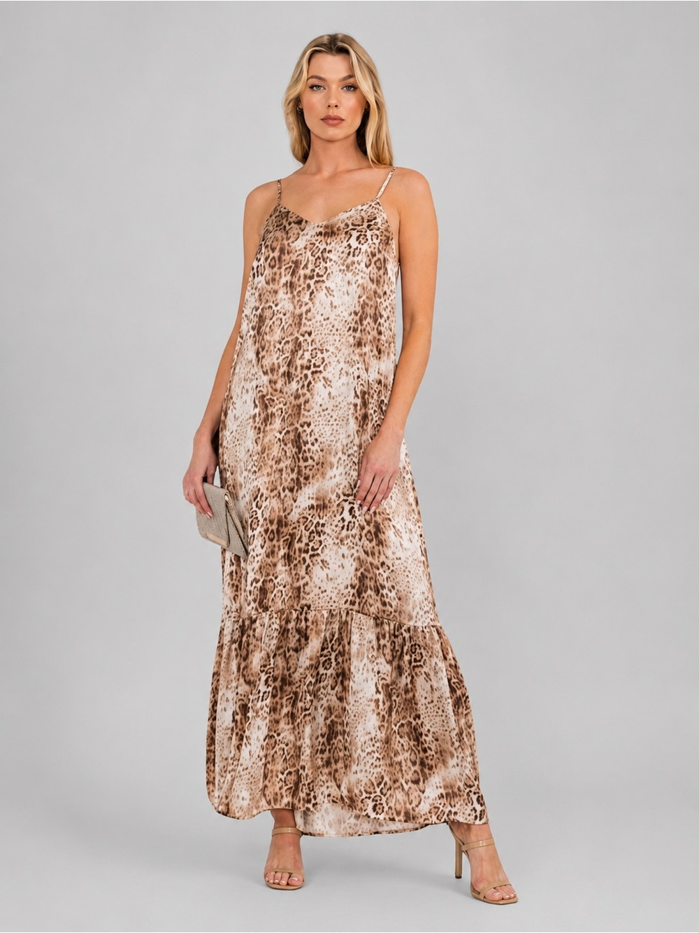SNAKE PRINT ADJUSTABLE STRAP TIERED MAXI DRESS